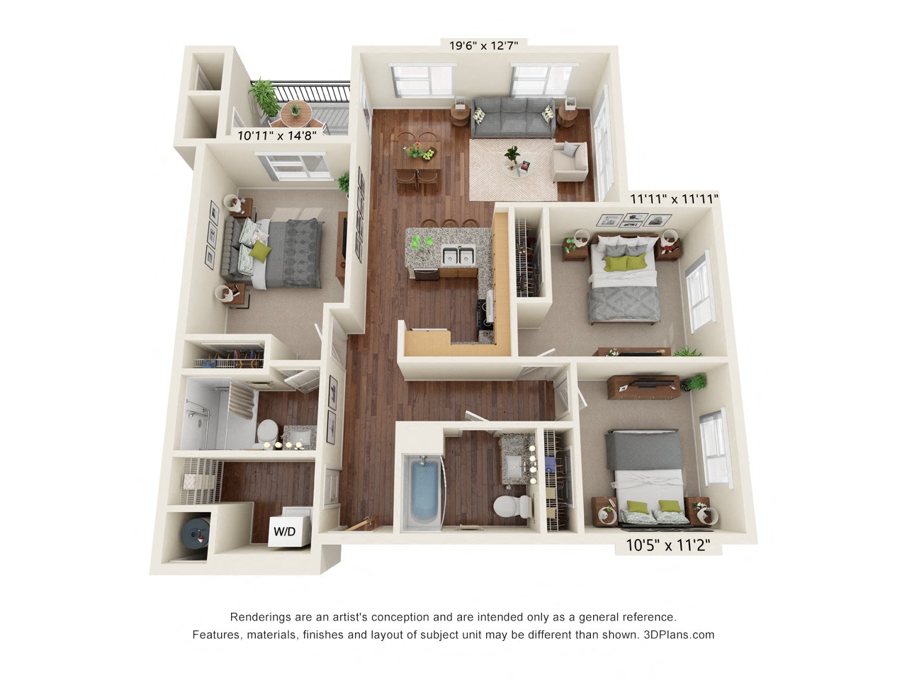 Floor plan for 3 beds, 2 baths, 1212 sqft